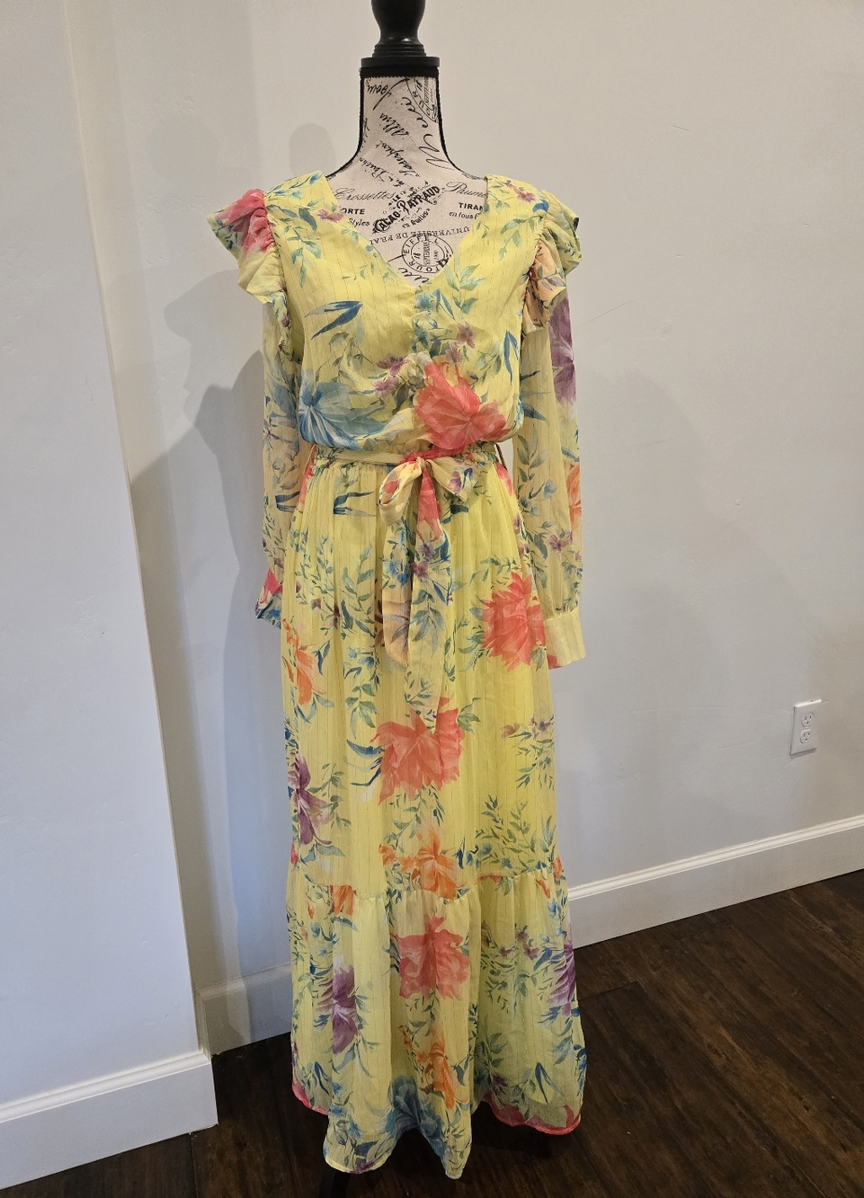 Yellow Floral Maxi Dress with Metallic Pinstriping